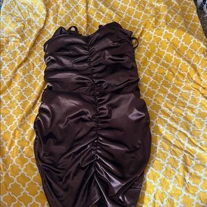 Divided Chocolate Brown Ruched Mini Dress